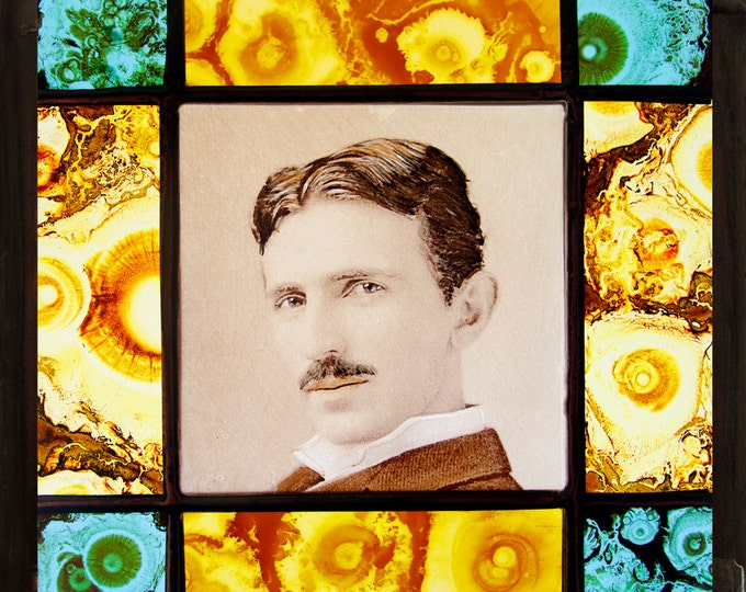 Nikola Tesla, Nikola Tesla suncatcher, Никола Тесла, Nikola Tesla stained glass, suncatcher, Nikola Tesla portrait, silver stain, kilnfired