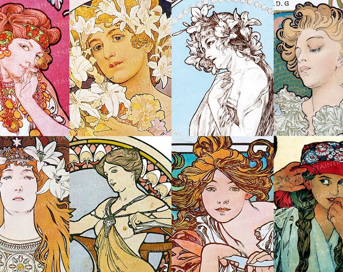 Mucha ceramic decals art nouveau fusible transfers for decoration of ceramics glassfusing glass tiles and enameling jugendstil women girls