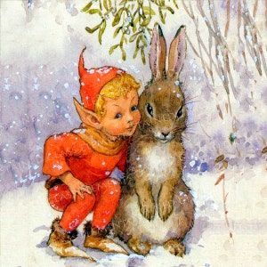 May include: A red-clad elf with pointed ears and blonde hair leans in to touch a brown rabbit with long ears. The elf is wearing a red hat and a red and brown tunic. The rabbit is standing on its hind legs and has a white chest. The background is a snowy scene with a sprig of mistletoe.