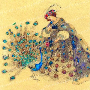 May include: A woman in a blue and gold dress with a crown of red roses stands next to a peacock with its tail feathers spread out. The peacock has blue and green feathers and a gold beak. The background is a light yellow.