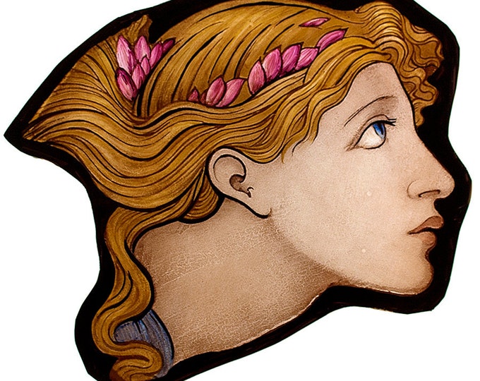 Stained glass fragment, Pre-Raphaelite stained glass, female, stained glass, Preraphaelites, vintage stained glass, glass painting, flowers