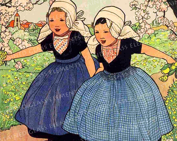 Ceramic decal children in traditional Dutch costume, size 10 x 10cm (3.94 x 3.94 inch), firing temperature 1400-1562 ºF, children decals
