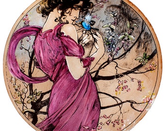 Mucha, Mucha stained glass, Mucha Seasons, kilnfired stained glass, Mucha  roundel, stained glass fragment, art nouveau, spring, Mucha glass