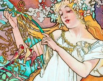 Mucha decalques cerâmicos art nouveau, transferências fusíveis para decoração de cerâmica, fusão de vidro, azulejos de vidro e esmaltação, estilo jugendstil, mulheres e meninas.