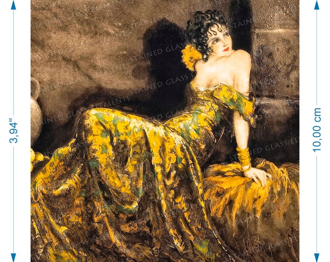 Woman in Yellow Dress ceramic decal Icart beautiful victorian lady fusible transfers decoration of ceramics glass fusing and enameling