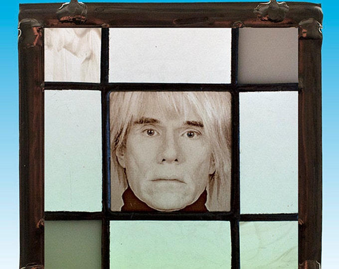 Andy Warhol stained glass, Andy Warhol suncatcher, Andy Warhol, suncatcher, unique stained glass, Andy Warhol portrait, pop art, kilnfired