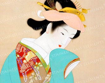 May include: A woman in a traditional Japanese kimono with a pink and gold headpiece. The kimono is a vibrant blue with a red and gold floral pattern. The woman's face is painted with delicate features and she is looking down.