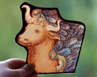 Bull stained glass, stained glass fragment, stained glass, apostle Luke, handpainted, classic stained glass, kiln fired, church, Saint Luke