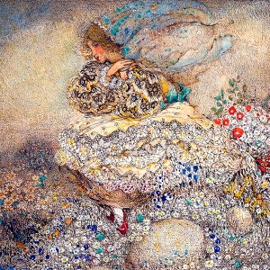 May include: A watercolour painting of a woman in a white dress with a blue veil, standing in a field of flowers. The woman is looking down and her hair is long and flowing. The flowers are a variety of colours, including red, blue, and yellow.