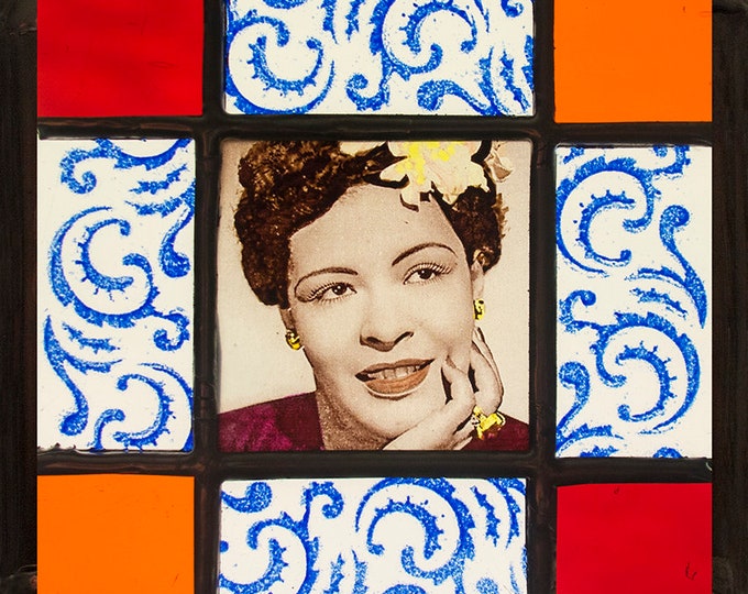 Billie Holiday kilnfired stained glass suncatcher unica beautiful portrait of Eleanora Fagan jazz singer a nice musical gift for her and him