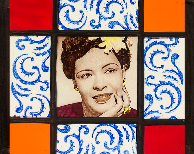 Billie Holiday kilnfired stained glass suncatcher unica beautiful portrait of Eleanora Fagan jazz singer a nice musical gift for her and him