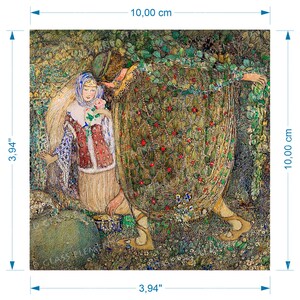 May include: A painting depicting two figures in a woodland scene. The figure on the left is a woman dressed in a red and white gown with a blue headdress. The figure on the right is a man wearing a green and gold robe. The painting is rich in detail, featuring flowers, leaves, and vines.