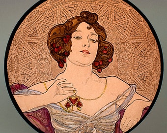 Mucha, Ruby, Mucha kilnfired glass medallion, Mucha stained glass, Mucha suncatcher, Mucha kilnfired stained glass, Mucha, Mucha vitrail