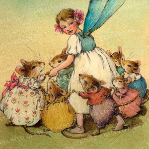Peut inclure: Une illustration aquarelle d'une fée aux ailes bleues et à la robe blanche entourée d'un groupe de souris portant des robes colorées. La fée porte une fleur rose dans les cheveux et les souris la regardent.