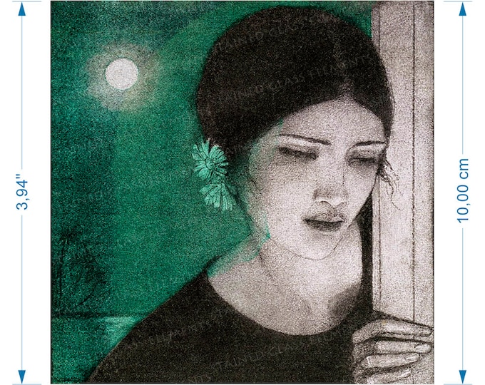 Art deco ceramic decal portrait of mysterious young lady in moonlight fusible transfers for ceramics glass fusing tiles and enameling copper