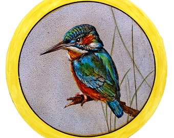 Kingfisher stained glass kilnfired roundel, vintage look, bird stained glass, kingfisher suncatcher, bird glass painting, birds, vintage