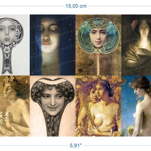 Könnte beinhalten: Eine Collage aus neun Vintage-Illustrationen mit Frauen mit kunstvollen Haaren und Kleidung. Die Bilder sind in verschiedenen Stilen gehalten, darunter Jugendstil und Art Deco. Die Collage ist in einen weißen Rahmen gefasst und misst 15 cm x 10 cm.