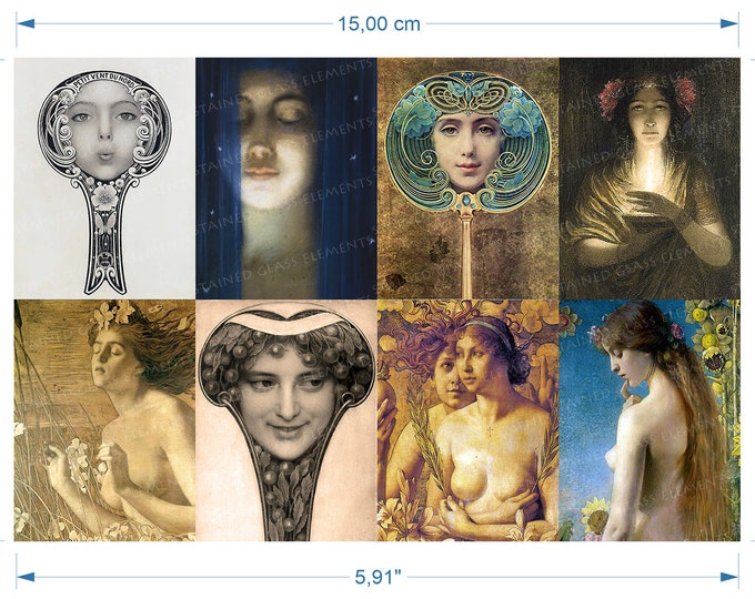 Ladies and Mirrors Hawkins ceramic decals fusible transfers for ceramics glass fusing enameling firing 1400-1562 ºF, 750-850ºC art nouveau