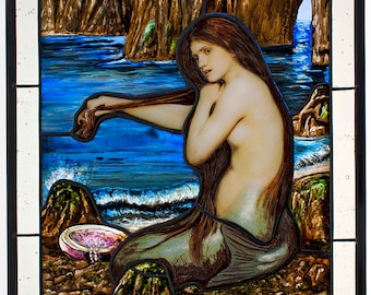 RESERVED - Mermaid stained glass, victorian stained glass, Pre-Raphaelites, Waterhouse mermaid, classic stained glass, витраж, vitrail