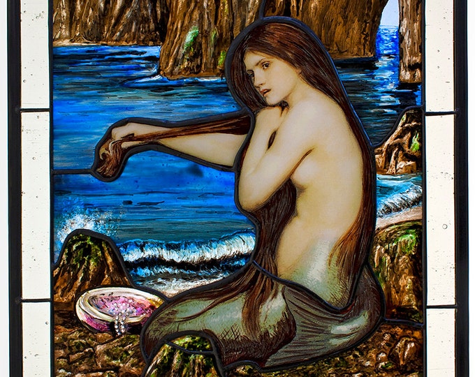 RESERVED - Mermaid stained glass, victorian stained glass, Pre-Raphaelites, Waterhouse mermaid, classic stained glass, витраж, vitrail
