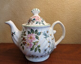 Vintage Caledonia Pottery Staffordshire, England, Botanical Flower, 4 cup Ceramic Teapot with lid