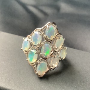 Opal Ring Sterling Silver Natural Opal Oval Faceted multi-stone Statement Ring 925/18k