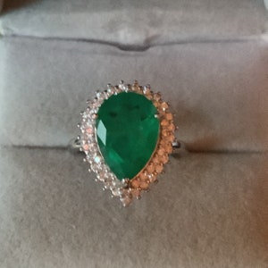 Emerald Double Halo Ring Pear cut Emerald 7carats Sterling Silver 18k White Gold Customized Ring