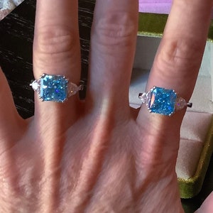 Asscher Aquamarine lab diamond Crushed Ice  3-stone Statement Ring 925/18k