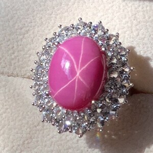 6.0 CTW Pink Sapphire Halo Ring Star-Sapphire Statement Double Halo Cabochon Cluster Ring 925/18k