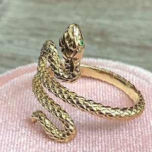 14k Snake Ring Handmade Solid Gold Wrap Ring Ruby, Emerald eyes Cobra Snake 14K Yellow Gold
