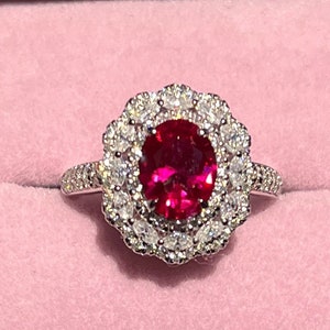 Moissanite Ruby Halo Ring Oval Ruby Ring 925/18K