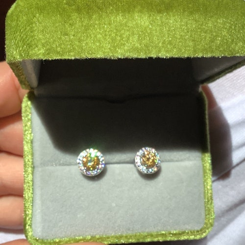 Yellow Moissanite Halo Earrings Sterling Silver Certified Moissanite VVS1 all stones 5.0mmx2 shops moissanite yellow halo studs 925