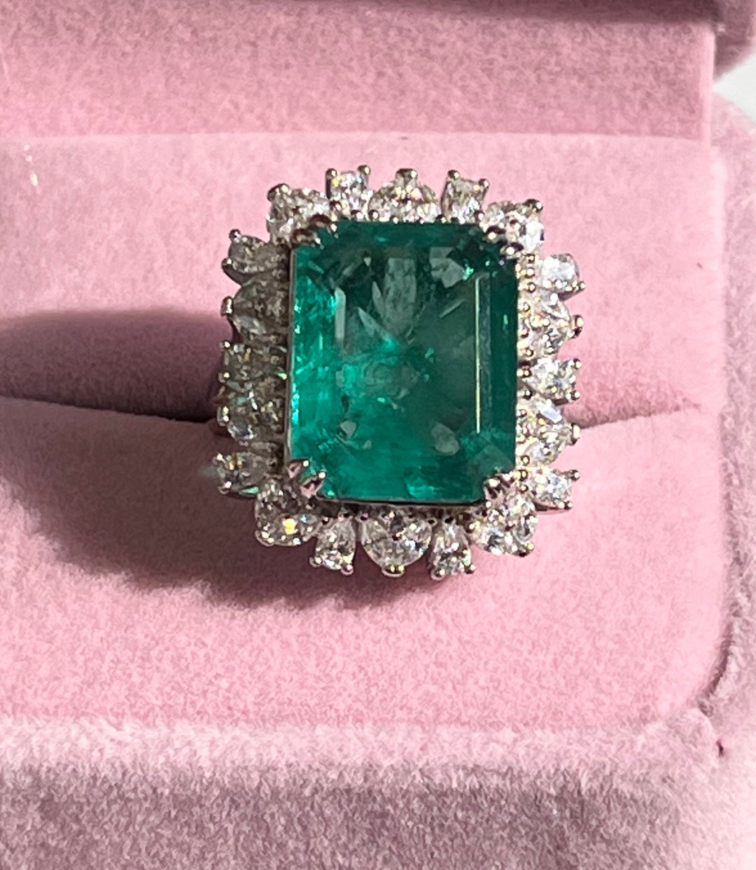 Emerald Halo Ring Lab Created Gemstone Statement Ring Solid Sterling