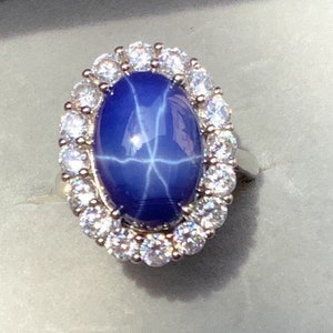 10 Carat Oval Star Sapphire Halo Ring Blue Sapphire Certified Natural Star-Sapphire Cabochon Cluster ring Oval Halo Ring