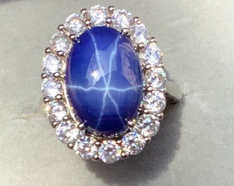 10 Carat Oval Star Sapphire Halo Ring Blue Sapphire Certified Natural Star-Sapphire Cabochon Cluster ring Oval Halo Ring