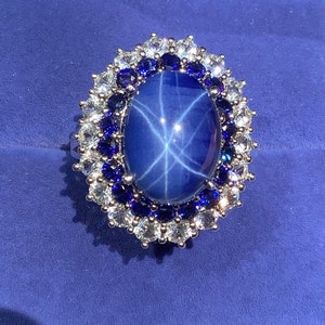 6 Carat Star Sapphire and Blue Sapphire Double Halo Cocktail Ring