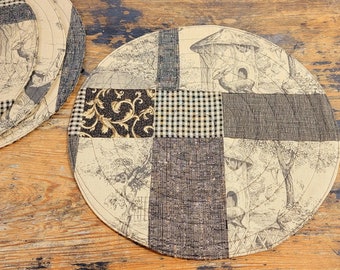 4 Round Quilted Patchwork Placemats ~ Zoo Toile, circus animals, black taupe gold modern colorblock color block