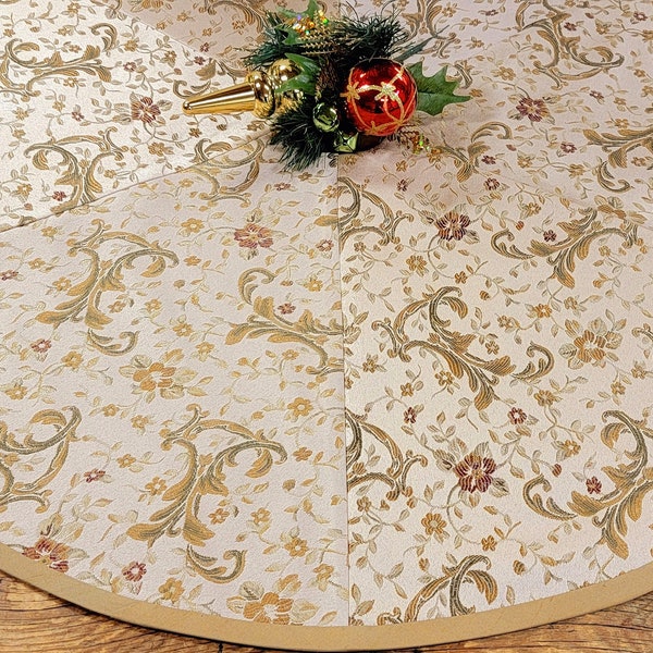 35" Christmas Tree Skirt: medium neutral taupe beige gold floral Jacquard