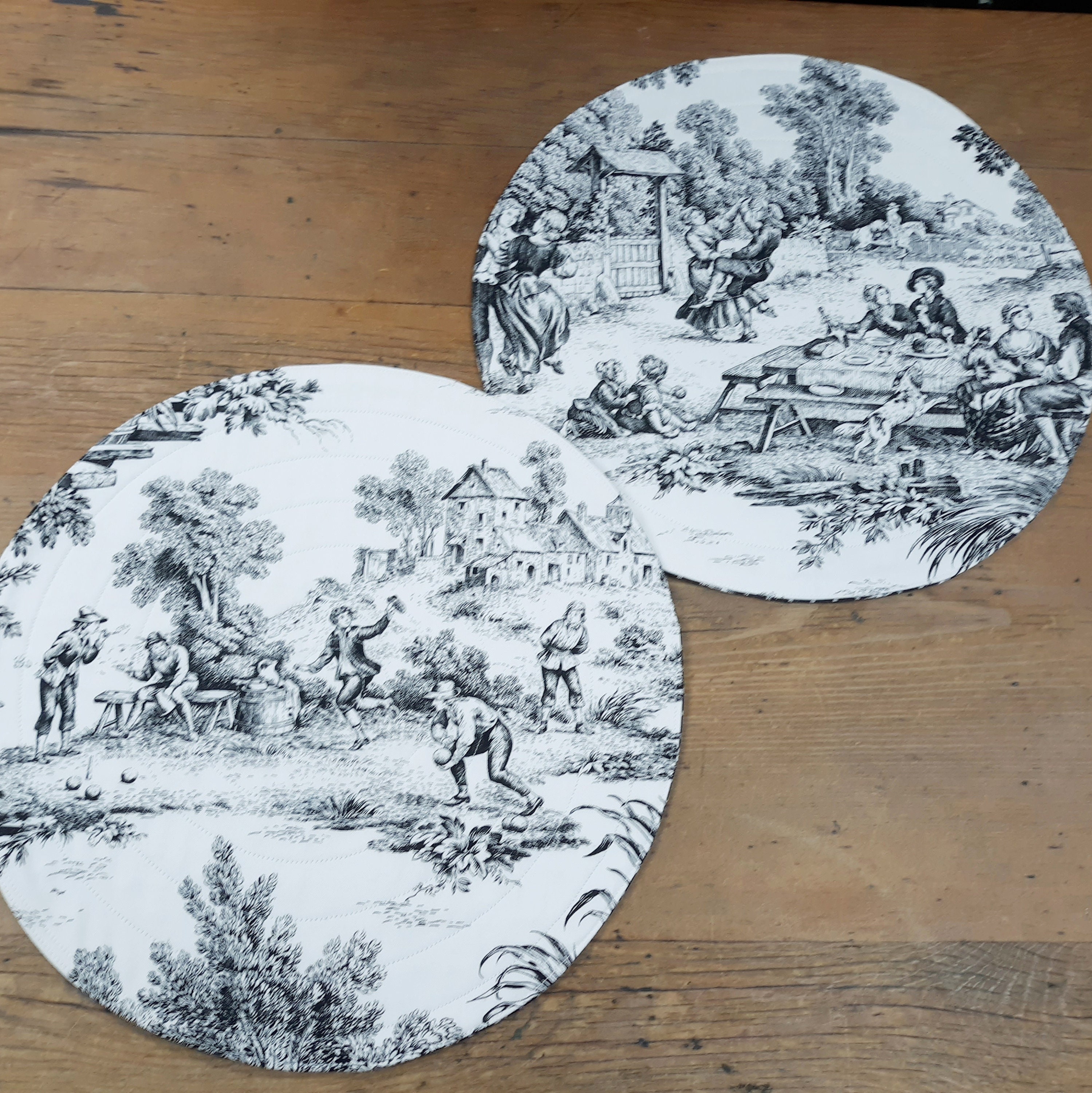 Pair of Round Quilted Placemats Toile Waverly Fabric Black Etsy