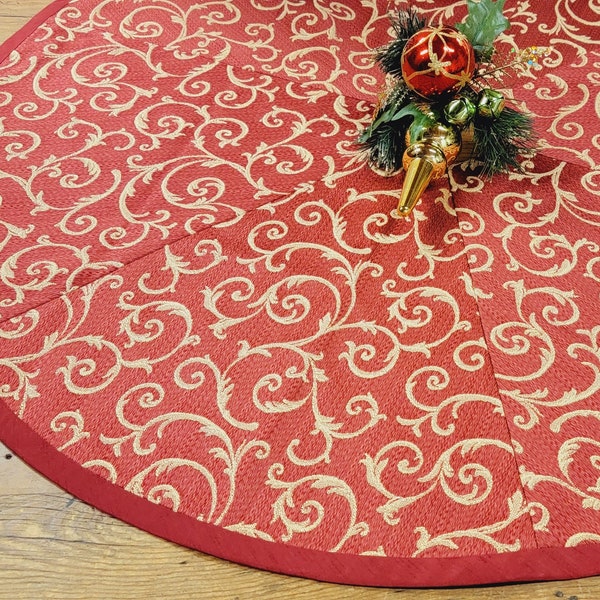 Classic Handmade Christmas Tree Skirt Red Gold Scrolls Damask Silk Traditional custom size tabletop mini small medium large