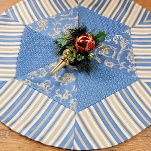 25&quot; Christmas Tree Skirt: cornflower blue scrolled jacquard gold mini small tabletop slim profile custom handmade ready to ship