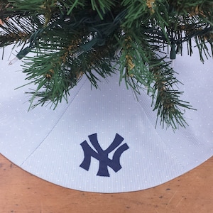 NY Yankees Baseball Themed Christmas Tree Skirt ~ Blue & White Pin-Striped Moire mini tabletop custom sizes available