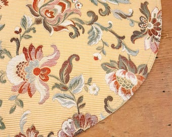 Round table topper centerpiece mat multicolor Jacobean floral Jacquard soft yellow pastels fabric coasters