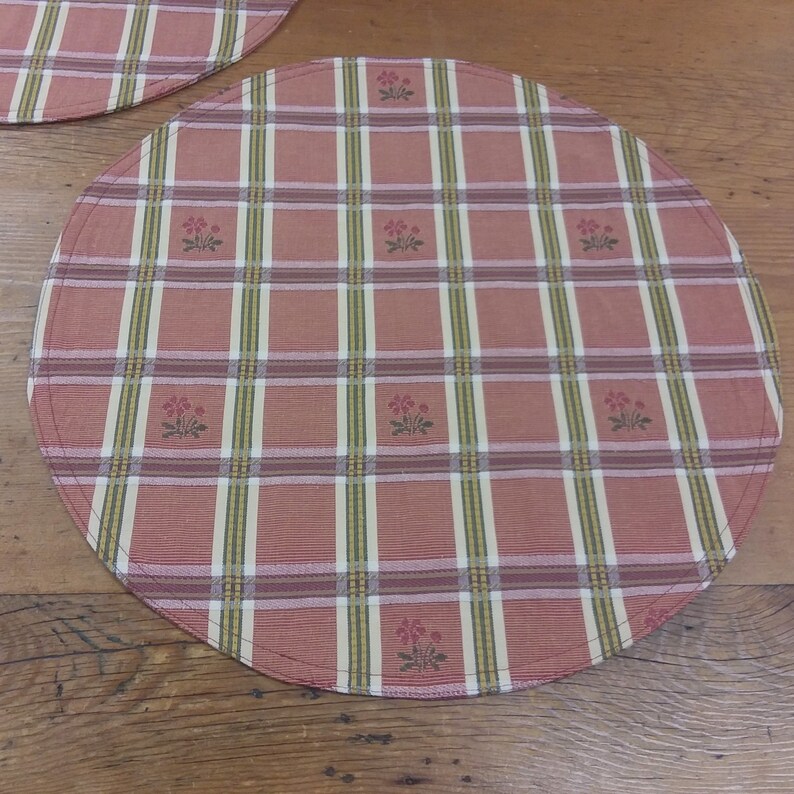 Round Reversible Placemats Red Gold Green Ivory Plaid Check Etsy