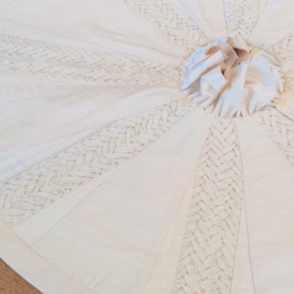 Silk Christmas Tree Skirt: 100% silk, ivory cream, elaborate smocking, high end luxury, mini small tabletop, ruffle banding, winter white