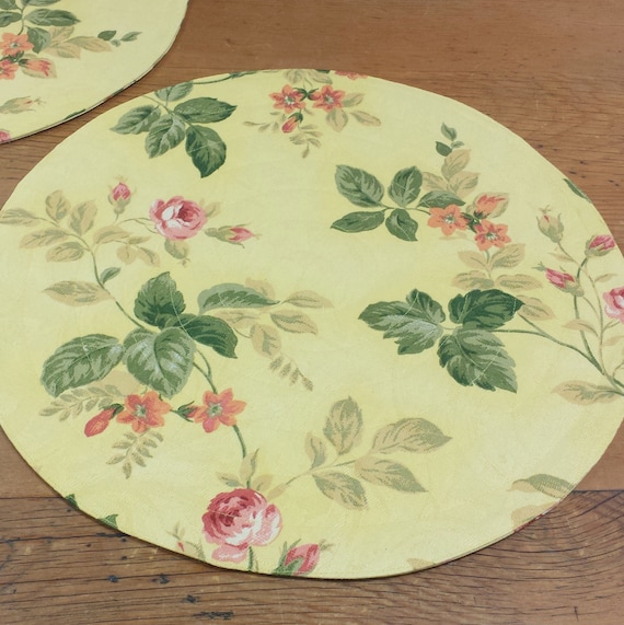 Round Quilted Placemats yellow green pink rose floral fabric Etsy