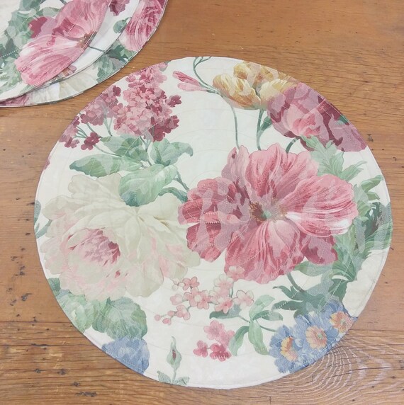 Round Quilted Placemats burgundy green gold floral white Etsy