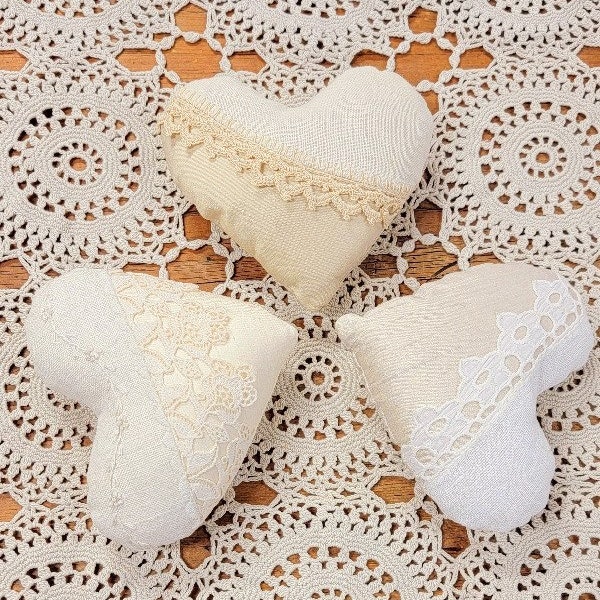 3 Embroidered Vintage Linen and Silk Heart Ornaments bowl filler stuffed fabric lace ornament neutral white beige repurposed