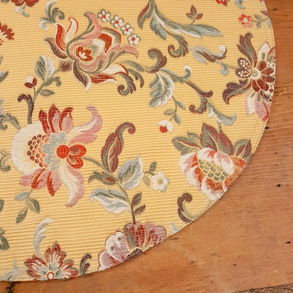 Round table topper centerpiece mat multicolor Jacobean floral Jacquard soft yellow pastels fabric coasters