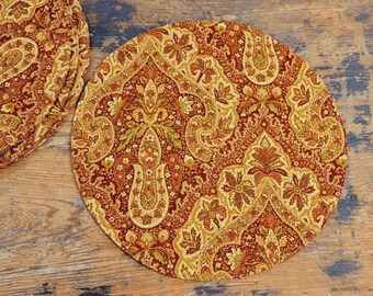 Round Quilted Placemats Moroccan Turkish Persian paisley dark red rust burnt orange gold earth tones